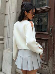 SHEIN EZwear Women's Metal Buckle Decor Hollow Short Sweater In Fall/Winter - White - View 2