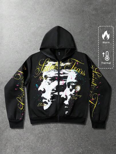 Street Life Sudadera con capucha con cremallera y estampado gráfico en inglés de doble cara casual y urbana, unisex, para otoño/invierno