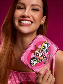 THE POWERPUFF GIRLS X SHEIN 1 Piece Cute Cartoon Character Printed Zipper Pu Leather Short Wallet, Organ Compartment, Card Storage, Suitable For Teenagers And Ladies, Blossom, Bubbles, Buttercup, Friendship, Love.,Gift Ideas - 粉色 - 查看 3