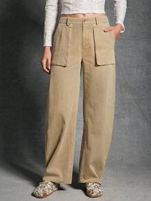 WESTFADE High Rise 3D Utility Pockets 100% Cotton Denim Barrel Leg Jeans Fall, Autumn, Winter, Boho, Western Wear For Women - Army Green - View 5