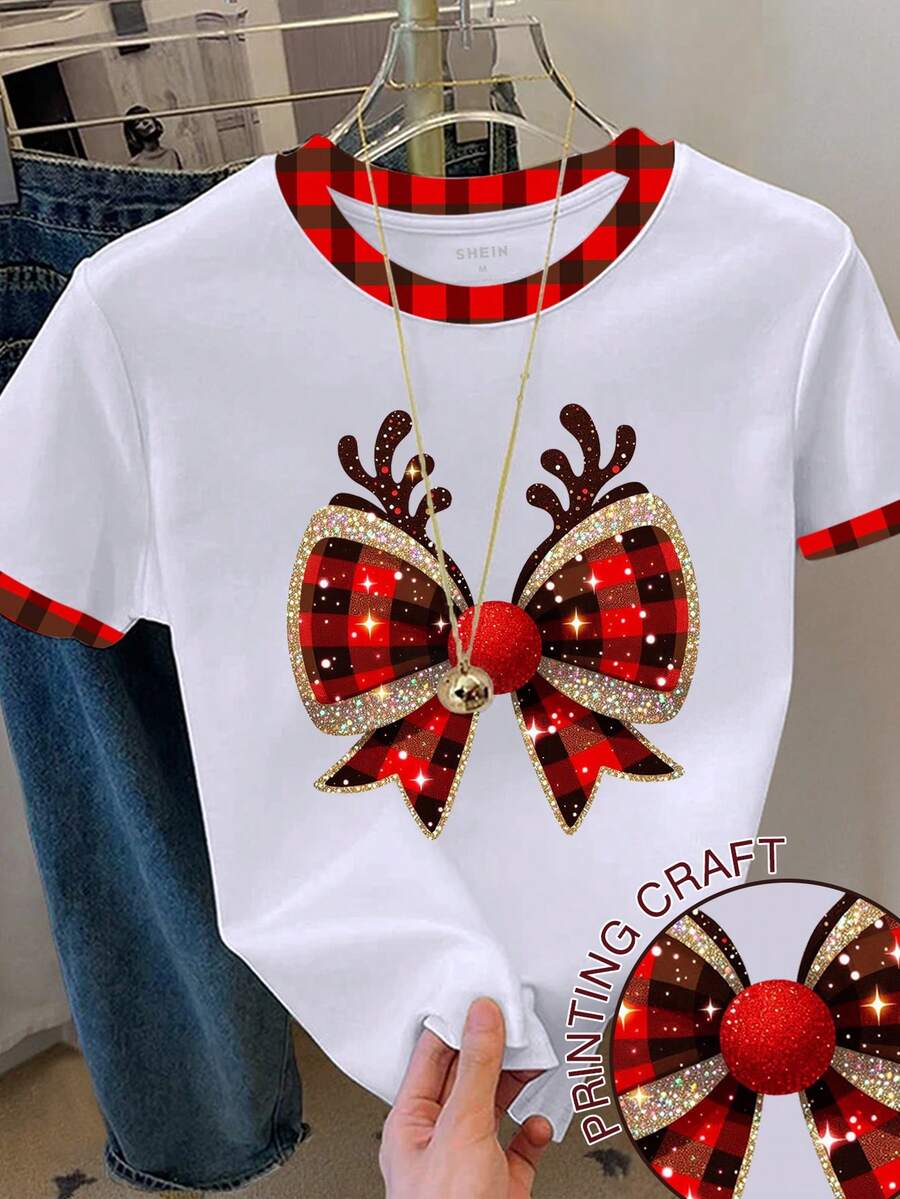 Resyla Women's Fashion Christmas Bow Color Block Round Neck T-Shirt - White - View 1