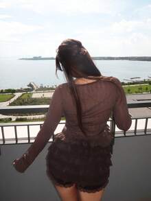 Ambs Edit Sheer Tie Neck Cardigan & Multi-Layered Lace Trim Shorts 2pcs Set - Brown - View 2