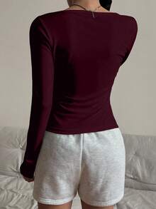 SHEIN EZwear 女士休闲紧身圆领长袖T恤，适合秋冬季 - 酒紅色 - 查看 2