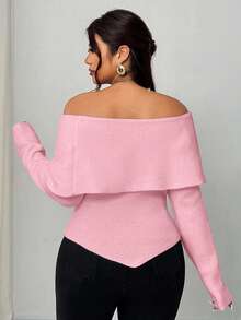 Elenzga Women's Elegant Blush Pink Autumn Knit Sweater,Formal Party Open Shoulder Shawl Collar Long Sleeve Metal Rhinestone Decor Ruched Fitted Plus Size - Pink - View 4