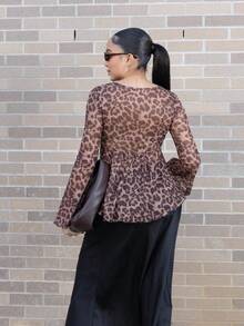 Melissa Matos 女士修身深 V 领喇叭袖豹纹针织网眼度假上衣长袖女士、性感、派对 - 彩色 - 查看 2