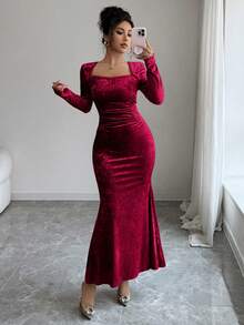 Elenzga 女士高领丝绒金色弹力针织修身连衣裙，优雅褶皱腰身鱼尾下摆，适合工作、约会、派对等场合，长袖，及地长款，秋冬季 - 酒紅色 - 查看 6