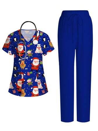PopScrub Conjunto de uniforme de pijama con estampado de animales navideños, Papá Noel y duendes de dibujos animados, con cuello en V, manga corta, bolsillo y pantalón con bajo dividido, color azul marino