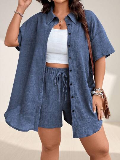 Momelise Conjunto de 2 piezas de camisa y pantalones cortos de unicolor casual para vacaciones de talla grande