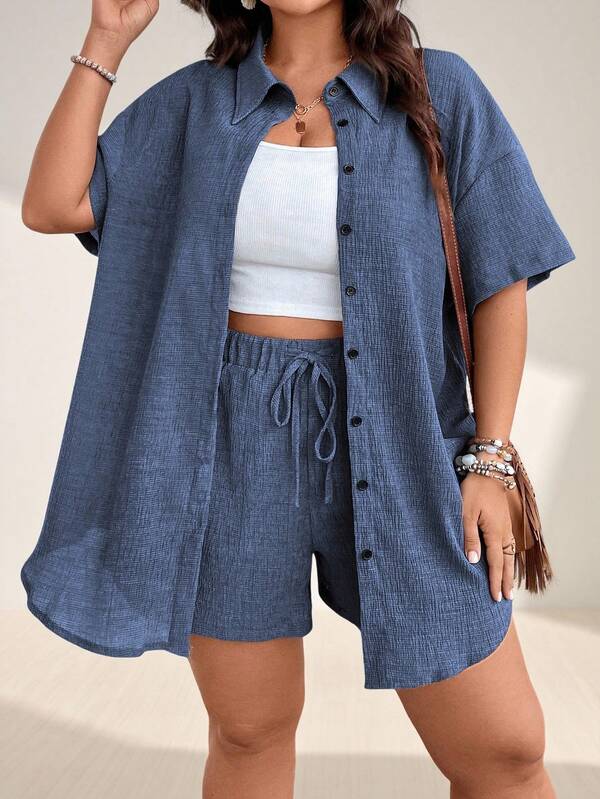 Momelise Conjunto de 2 piezas de camisa y pantalones cortos de unicolor casual para vacaciones de talla grande