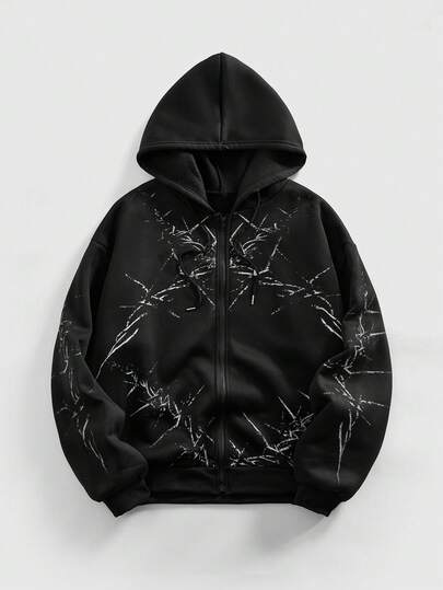 Street Life Sweat-shirt à capuche zippé avec cordon de serrage à imprimé graphique pour hommes, automne/hiver