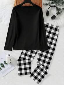 SHEIN Tween Boy Casual Loose Long Sleepwear, Classic Plaid Pattern Print, "Good Night" Text Graphic Print - Multicolor - View 2