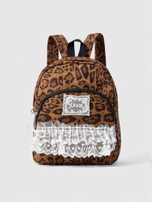ROMWE Grunge Punk Fashionable Lace Spliced Leopard Print Suede Personalized Backpack - Brown - View 1