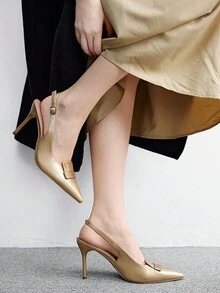 CUCCOO BIZCHIC 女士户外尖头细高跟鞋棕色 PU 皮革时尚简约舒适日常及派对搭扣带高跟鞋 - 金色 - 查看 8