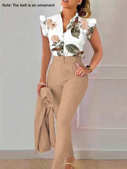Xyvia طقم ملابس علوية بأكمام واسعة مطبوعة بالزهور مع بنطلون كاجوال مطوي قطعتين (الحزام للزينة فقط)