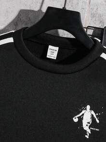 SHEIN 2pcs/Set Kids Tween Boy Casual Sports Patchwork Long Sleeve Crew Neck Sweatshirt And Pants Knit Tracksuit Set, Suitable For Commuting, School, Daily Casual, Travel, Sports, Spring/Summer/Autumn/Winter, Fleece, Thickened - Black - View 10