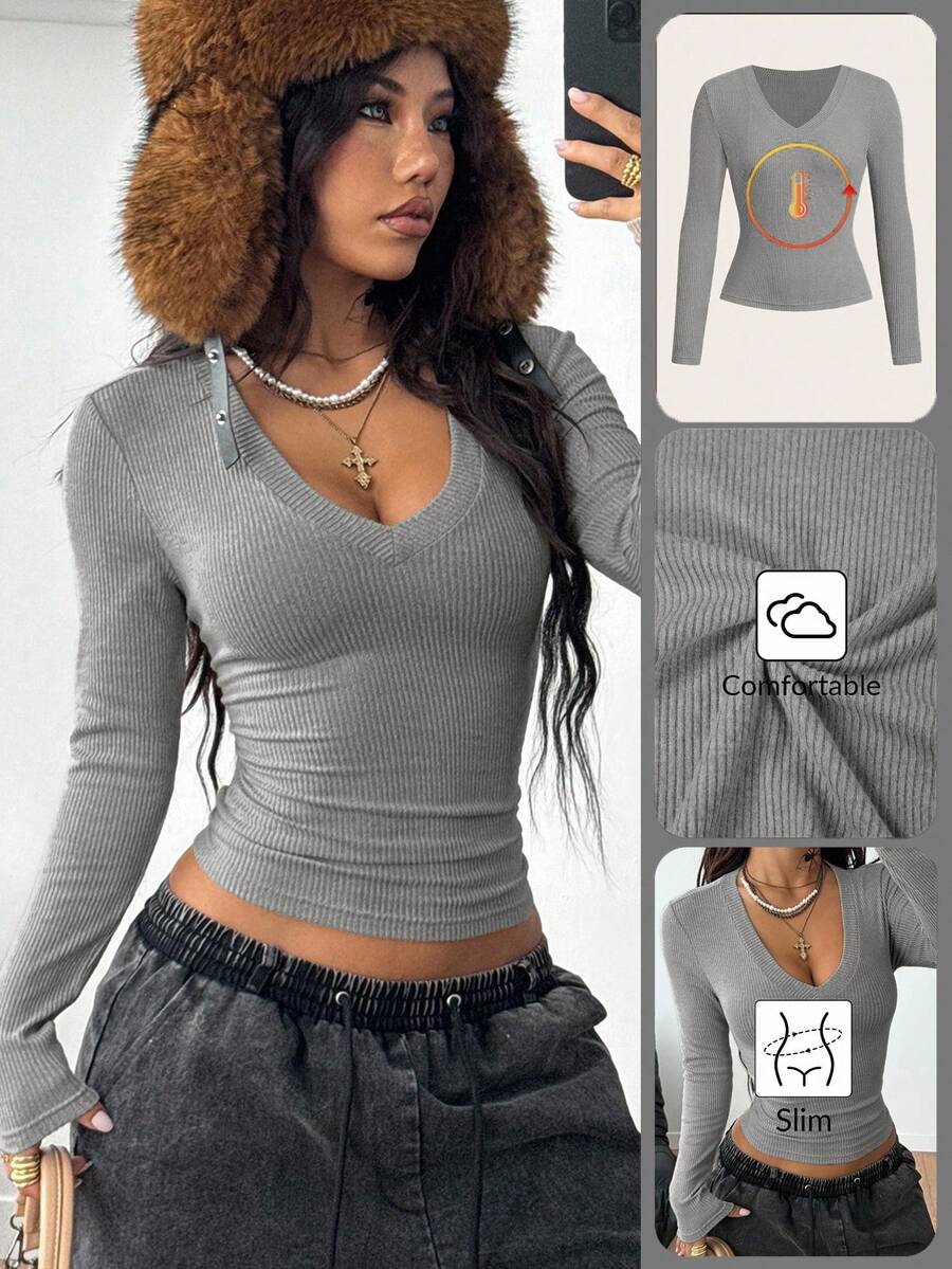 Coolane Maglietta a maniche lunghe con scollo a V, in maglia a costine, adatta per l'autunno/inverno, per l'abbigliamento casual di strada, per fiere rinascimentali, calda e confortevole, elastica - Grigio Scuro - Visualizzare 1