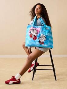 Popeye X SHEIN 1 Cute Cartoon Character Print Foldable Shopping Bag, Tote Bag, With Small Storage Bag With Bead Chain, Can Be Hung On The Bag, Spinach,Gift Ideas - 藍色 - 查看 5