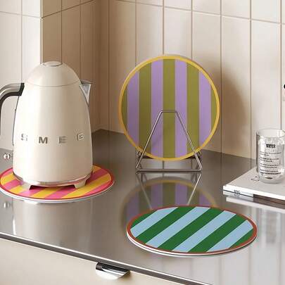 Joivida Tea Cup Mugs, Round Coasters, Striped Colorful Patterns, Decorative Items For Restaurant Tabletops, Made Of High-Quality Leather Material, For Festive Decoration, Heat-Resistant Protection For Home Use