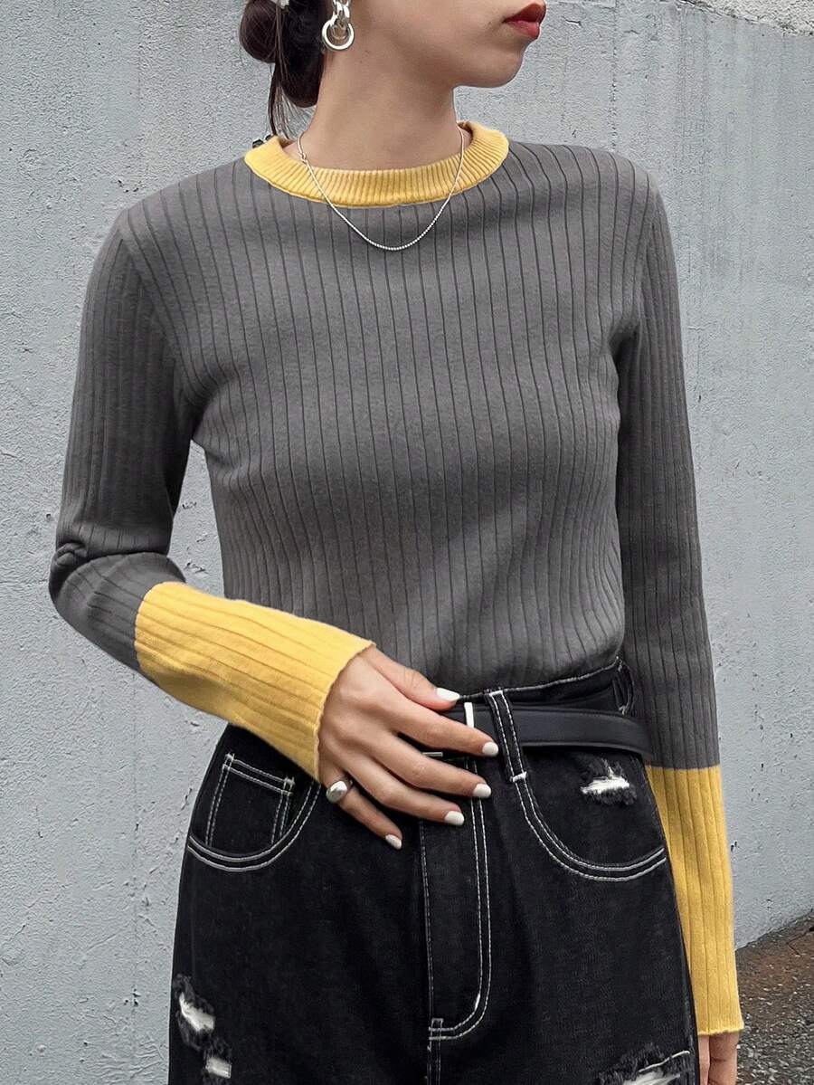 FRIFUL pull casual ajusté à manches longues, col et poignets contrastés, col rond, côtelé. Polyvalent pour l'automne/l'hiver - Gris - Voir 1