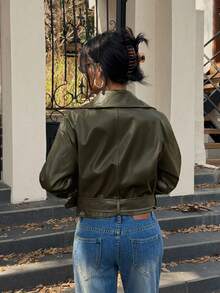 SHEIN Unity Encore Red Loose Design PU Leather Jacket - Olive Green - View 2