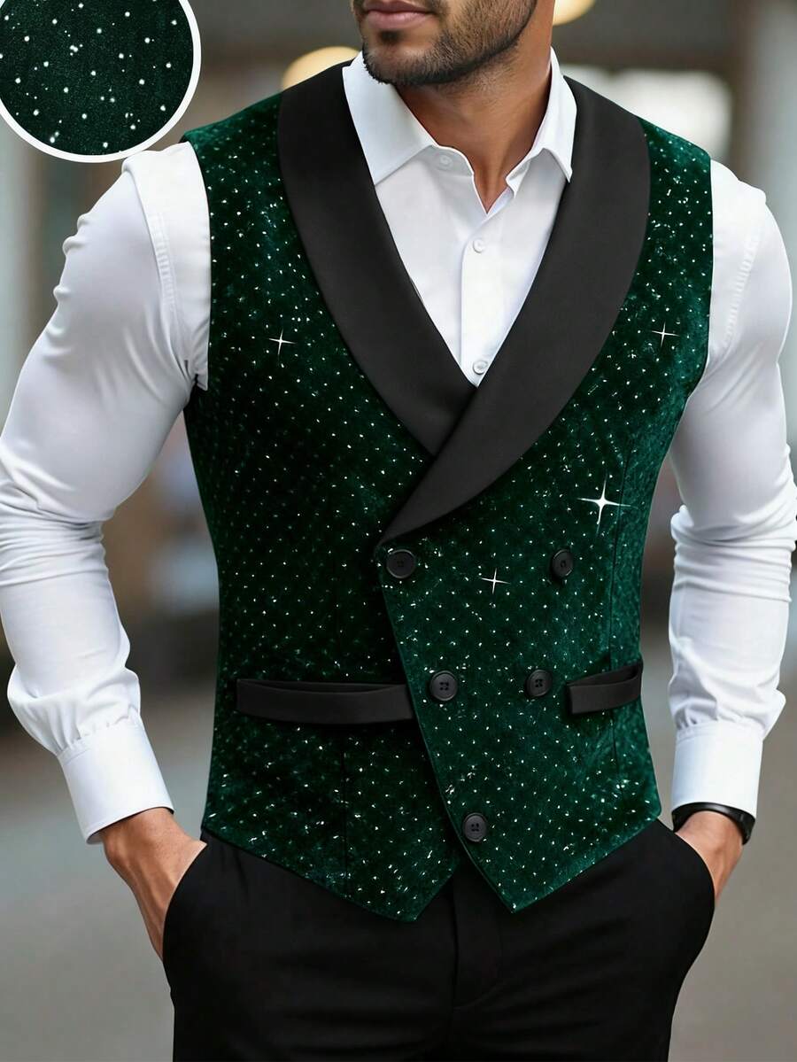 Manfinity AFTRDRK Men's Business Casual Luxury Rhinestone Vest, Shawl Neck Design Adds More Style And Layering, Suitable For Daily Commute, Business, Party And Banquet Wear. This Vest Is An Indispensable Versatile Item In Men's Wardrobe, And A Great Gift For Boyfriend Or Husband Men's Green Vest Sequin Vest Men Men's Fancy Wedding Vest Party Wear For Men Tuxedo Vest For Men - Dark Green - View 1