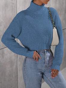 Calvaya Solid Color High Neck Drop Shoulder Long Sleeve Loose Cropped Ribbed Knit Pullover Sweater - Teal Blue - View 5