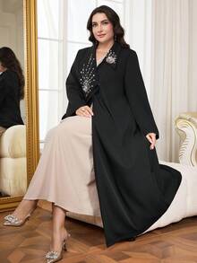 Al Najma Áo choàng Abaya Ả Rập thanh lịch tay dài đính hoa đính đá cỡ lớn cho nữ - màu đen - Xem 4