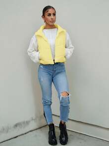 SAYEHFBABY Chaleco acolchado corto con cremallera reversible y botones de pana amarillo casual para mujer en otoño/invierno - Amarillo - Ver 4