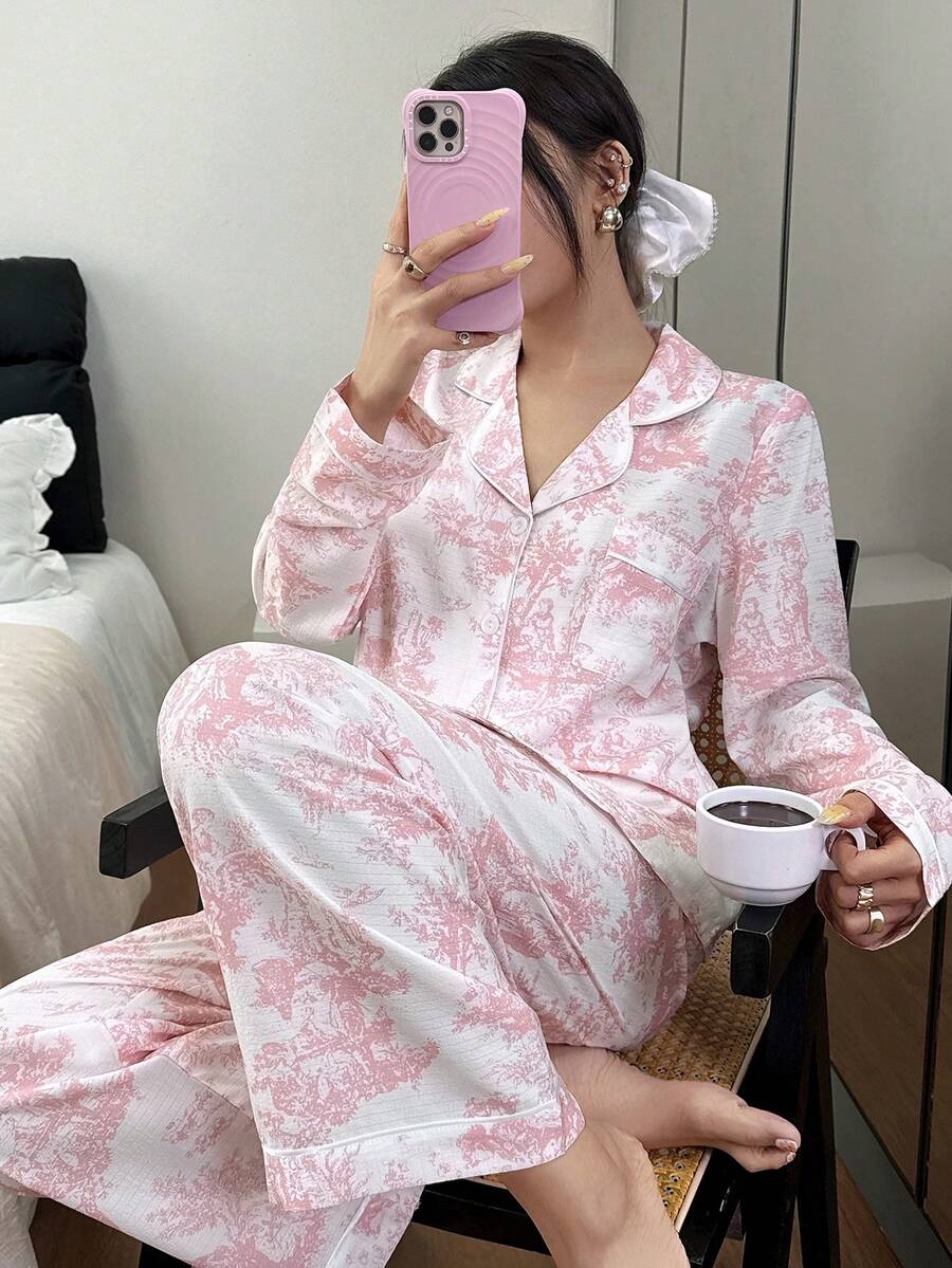 Napfluff Women's Bubble Wrinkle Print Cardigan Collar PJS Pink PJS Soft PJS Long Sleeve Top & Pants PJS Sleepwear Women Pajamas With Print - Baby Pink - View 1