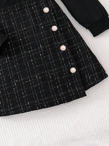 SHEIN 少女黑色串珠蝴蝶结装饰长袖上衣搭配黑色格子不对称下摆半身裙套装，时尚优雅，适合派对、活动和日常穿着。 - 黑色 - 查看 3