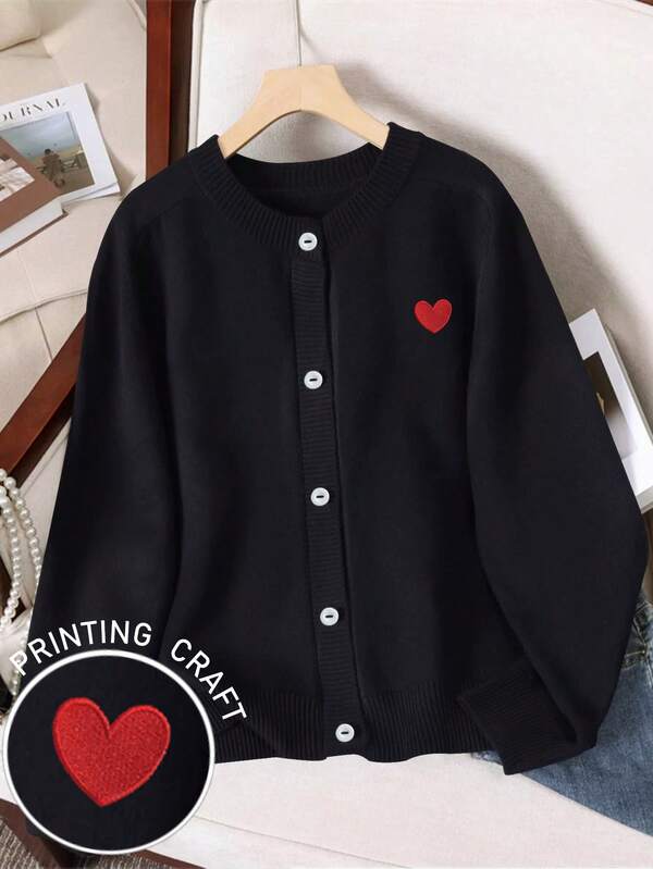Resyla Women's Autumn/Winter New Heart Print Pattern Crew Neck Long Sleeve Knit Sweater Regular Cardigan
