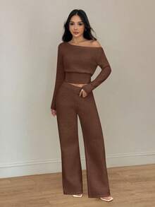 SHEIN PETITE 女士纯白色不对称肩长袖针织上衣和裤子休闲套装，适合休闲、居家和日常穿着。 - 棕色 - 查看 4