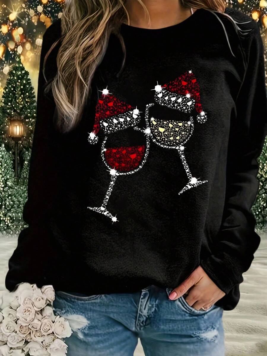 EMERY ROSE 女士圣诞帽和酒杯印花圆领长袖卫衣 - 黑色 - 查看 1