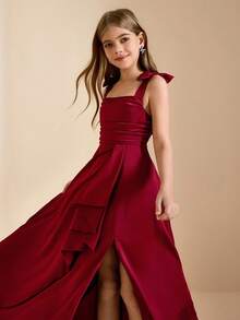 Rochie elegantă pentru fetițe preadolescente cu flori, pentru absolvire, nuntă, bal, potrivită pentru Halloween, Crăciun, rochie midi fără mâneci, cu fundă din satin vișiniu, cu bretele, pentru fetițe preadolescente, rochie de prințesă bufantă la modă, cu tiv deschis, pentru întoarcerea la școală - Burgundia - Vizualizare 6
