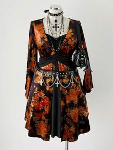 Sunspun Váy midi nhung họa tiết hoa thanh lịch cổ chữ V tay loe cỡ lớn - Nhiều màu - Xem 3