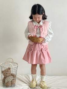SHEIN 3pcs/Set Young Girls Autumn/Winter New 2025 Outfit, Collar Ruffle Flutter Sleeve Elastic Cuff Cardigan, Bow Vest, Pink Pleated Skirt, Sweet & Fashionable Versatile 3-Piece Set - Multicolor - View 8