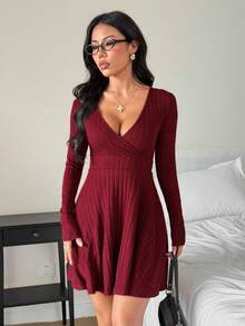 SHEIN PETITE Burgundy Deep V-Neck Crossed Wrap Ribbed Long Sleeve Dress Women Elegant,Autumn Chic Night Out Solid Color New Years Outfit Red Wine Dress - Burgundy - View 3