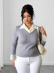 Elenzga Plus Size Ribbed Brushed Patchwork Shirt Dress - Light Grey - View 5