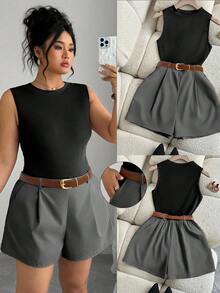 Elenzga Plus Size Women Sleeveless Knit Top And Shorts With Belt 2 Pieces Set, Casual Outfit - Multicolor - View 1