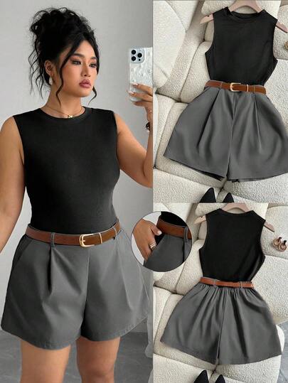 Elenzga 大码女式无袖针织上衣和短裤两件套，配腰带，休闲装