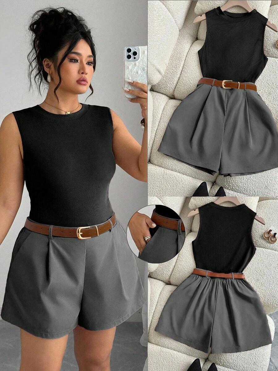 Elenzga Plus Size Women Sleeveless Knit Top And Shorts With Belt 2 Pieces Set, Casual Outfit - Multicolor - View 1