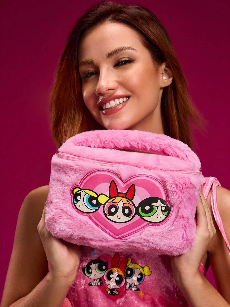 THE POWERPUFF GIRLS X SHEIN 1個可愛毛絨圖案大容量圓筒化妝包,手提式,超大空間,可收納化妝品瓶與日常用品,適合女性與青少年,花朵、泡泡、毛茛花、友誼,送禮首選 - 粉色 - 查看 1