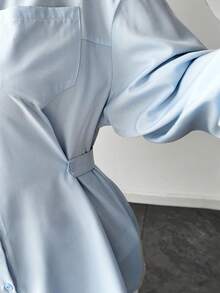 Elenzga Plus Size Women Elegant Solid Color Waist Cinched Long Sleeve Shirt, Versatile For Commuting And Outings