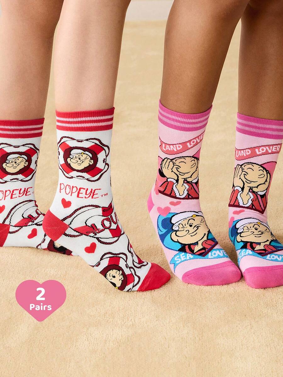 Popeye X SHEIN 2 đôi tất nữ mềm mại, thoáng khí, thấm hút mồ hôi, kiểu dáng thường ngày, dài đến bắp chân, họa tiết hoạt hình dễ thương màu hồng và trắng, mũi và gót được gia cố để tăng độ bền, phù hợp mọi mùa hè và đông, tất in hình, ý tưởng quà tặng. - Nhiều màu - Xem 1