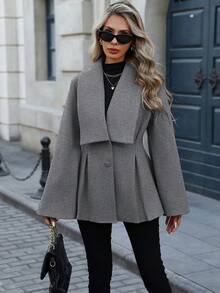 SHEIN LUNE 女士优雅通勤休闲法式翻领V领双排扣开腰A字褶裥喇叭袖宽松袖口长袖羊毛大衣，适合春、秋、冬季穿着。 - 灰色 - 查看 7