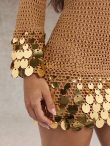 SHEIN Glamour 女士亮片针织连衣裙，长袖，镂空 - 卡其色 - 查看 9