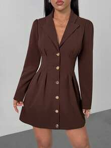 SHEIN PETITE 优雅长袖西装裙，棕色收腰女士迷你连衣裙，春夏款 - 棕色 - 查看 5