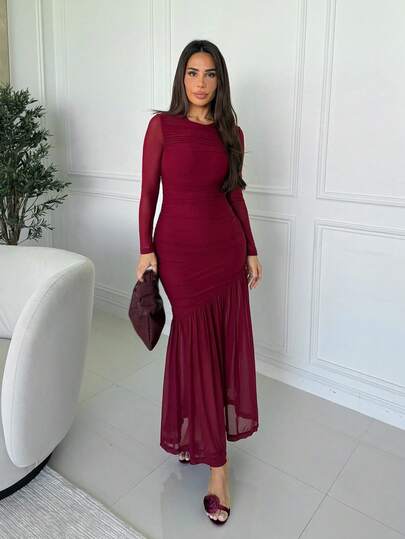 Milla Jasmine Women's Long Sleeve Round Neck Mesh Dress, Suitable For Autumn Seasonal Clothing, Back To School, Teacher's Attire