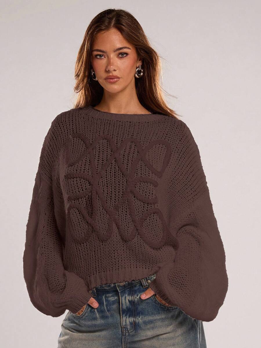 SHEIN BAE Áo len tay dài đèn lồng thời trang dành cho nữ - Cà phê nâu - Xem 1