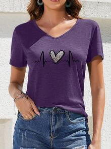 Selamara 女士豹纹爱心图案V领短袖休闲T恤 - 紫色 - 查看 5